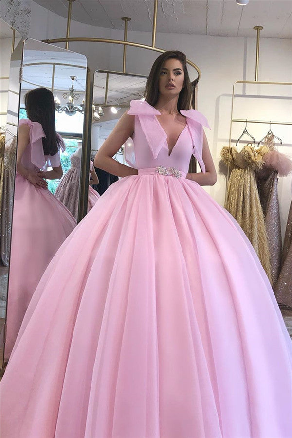 V-neck Sleeveless Belt Ball Gown Dresses Floor Length Formal Dresses-showprettydress