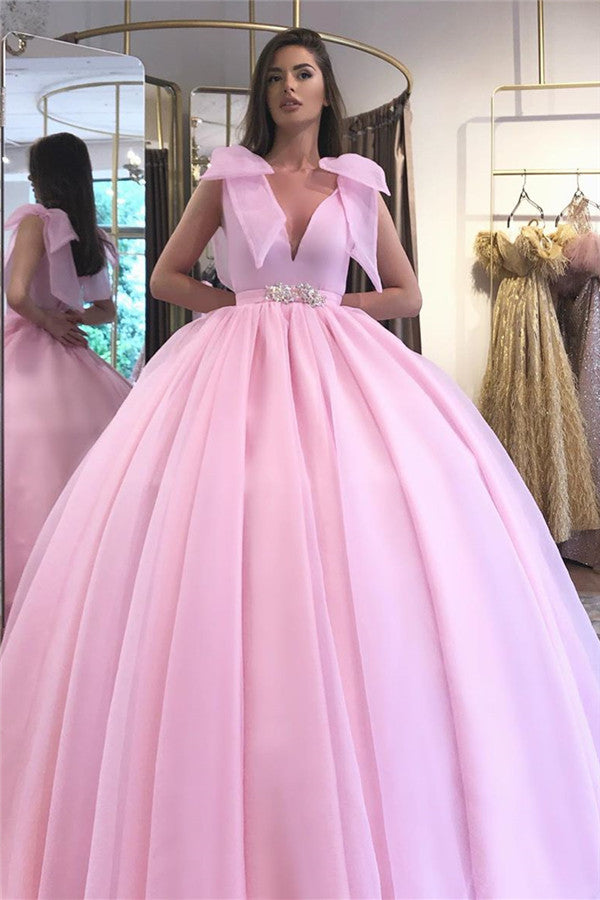 V-neck Sleeveless Belt Ball Gown Dresses Floor Length Formal Dresses-showprettydress