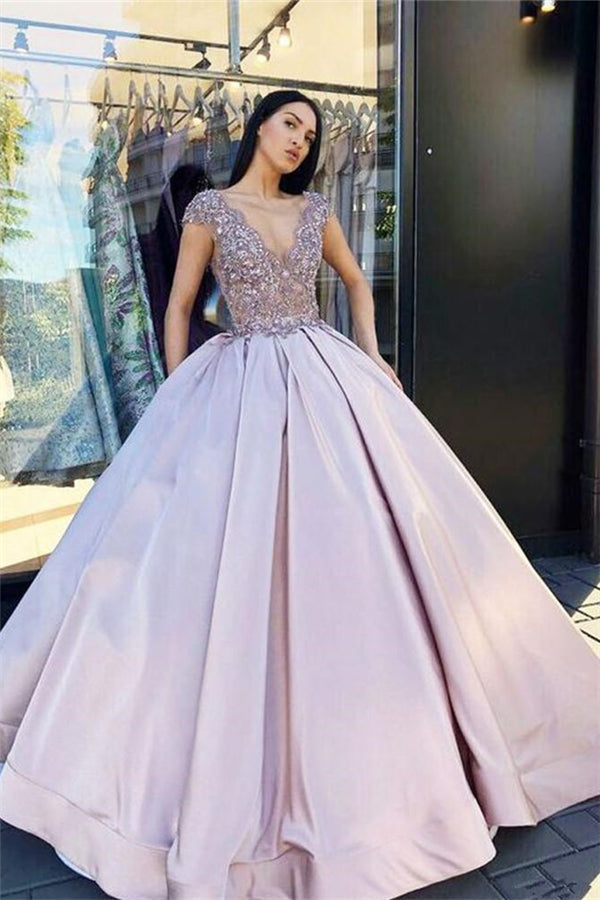 V-neck Sleeveless Crystal Beading Ball-Gown Prom Dresses-showprettydress