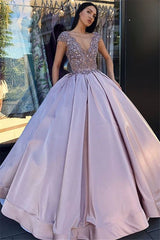 V-neck Sleeveless Crystal Beading Ball-Gown Prom Dresses-showprettydress