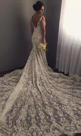V neck Sleeveless Mermaid Wedding Dresses Modern Lace Appliques Bridal Gown-showprettydress