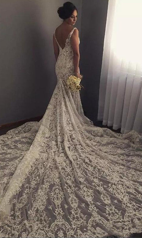 V neck Sleeveless Mermaid Wedding Dresses Modern Lace Appliques Bridal Gown-showprettydress