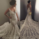 V neck Sleeveless Mermaid Wedding Dresses Modern Lace Appliques Bridal Gown-showprettydress