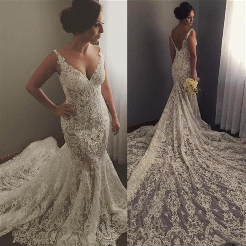 V neck Sleeveless Mermaid Wedding Dresses Modern Lace Appliques Bridal Gown-showprettydress
