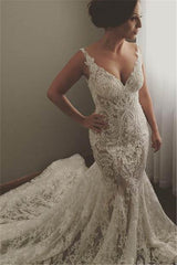 V neck Sleeveless Mermaid Wedding Dresses Modern Lace Appliques Bridal Gown-showprettydress