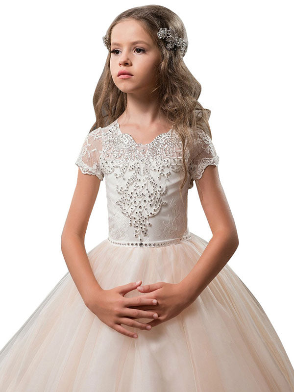 V-Neck Tulle Short Sleeves Ankle Length Ball Gown Bows Kids Pageant flower girl dresses-showprettydress