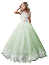 V-Neck Tulle Short Sleeves Ankle Length Ball Gown Bows Kids Pageant flower girl dresses-showprettydress