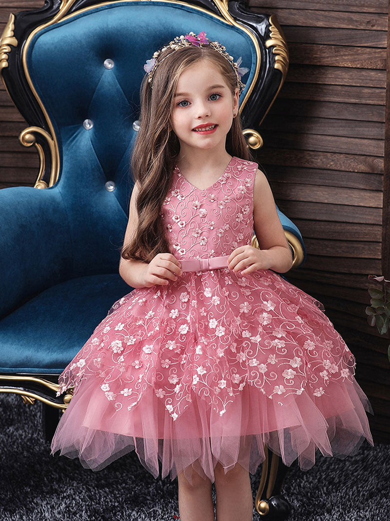 V Neck Tulle Sleeveless Short Princess Flowers Kids Social Party Dress ...