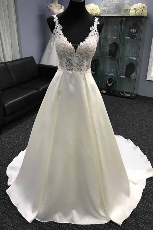V neck White A line Lace appliques Princess Wedding Dress-showprettydress