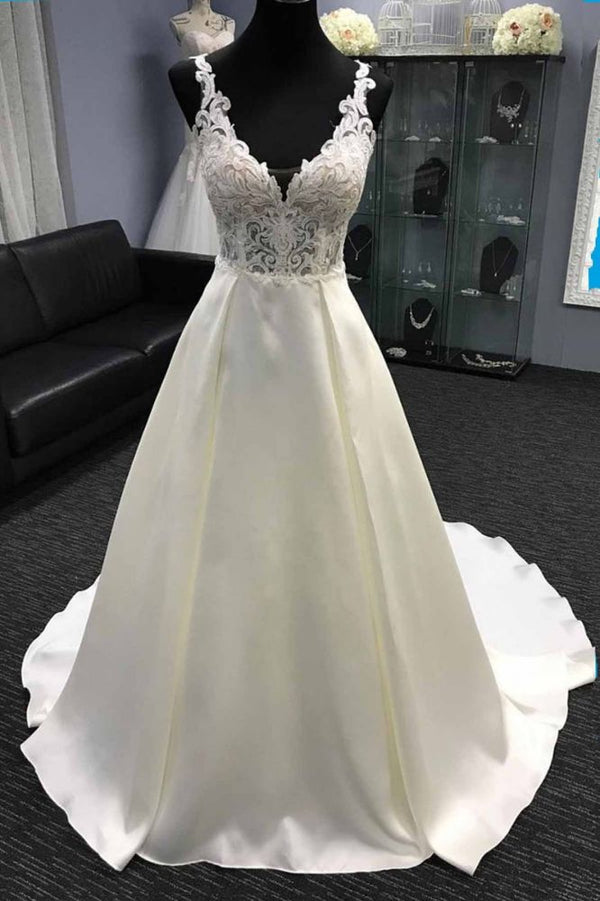 V neck White A line Lace appliques Princess Wedding Dress-showprettydress