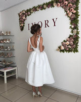 V neck White Pleats Sleeveless Short Summer Beach Wedding Dresses-showprettydress