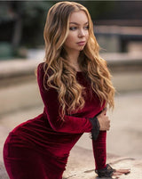 Velvet Knee Length Dress Slim Burgundy Long SLeeve Casual Wear Dress-showprettydress