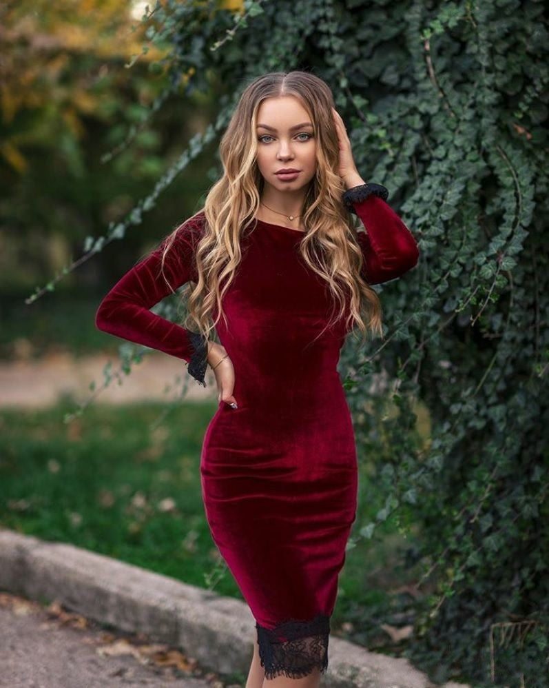 Velvet Knee Length Dress Slim Burgundy Long SLeeve Casual Wear Dress-showprettydress