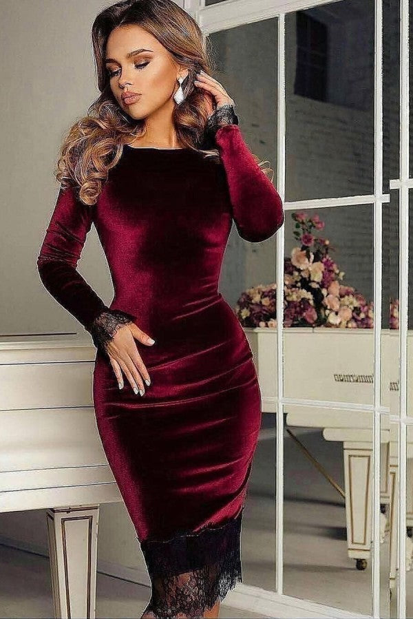 Velvet Knee Length Dress Slim Burgundy Long SLeeve Casual Wear Dress-showprettydress