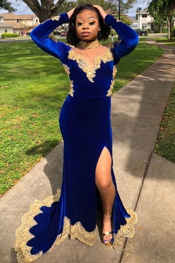 Velvet Long Sleeves Mermaid Front Split Gold Apliques Prom Party Gowns Royal Blue-showprettydress