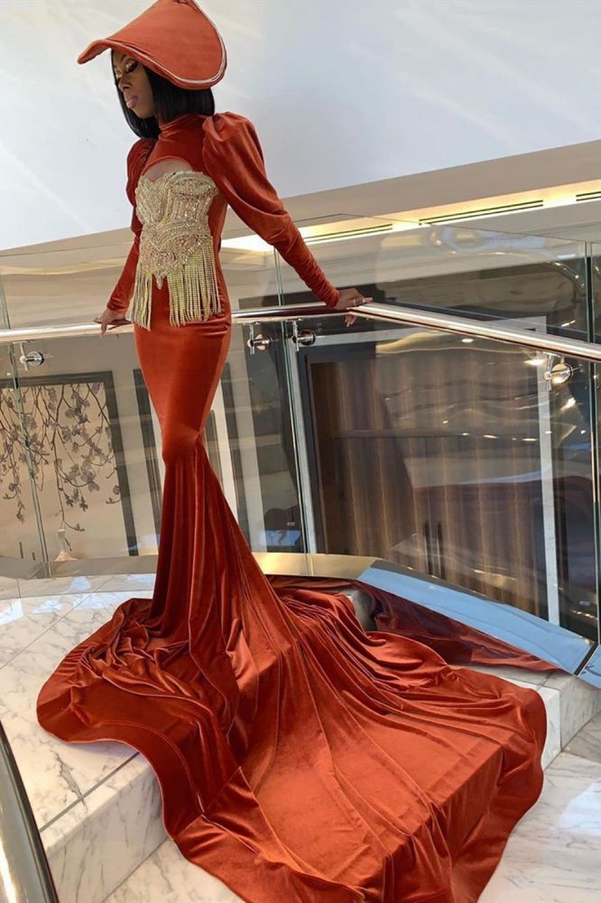 Velvet Long Sleeves Prom Party GownsGold Appliques-showprettydress
