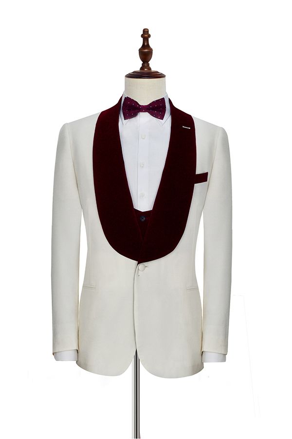 Velvet Shawl Collar White Wedding Tuxedos Three Piece Wedding Suits with Burgundy Vest-showprettydress