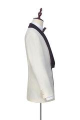 Velvet Shawl Collar White Wedding Tuxedos Three Piece Wedding Suits with Burgundy Vest-showprettydress