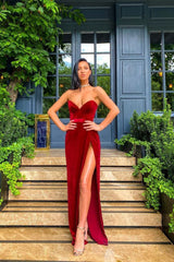 Velvet Sweetheart Front Split Evening Dress Sleeveless Prom Party Gowns-showprettydress