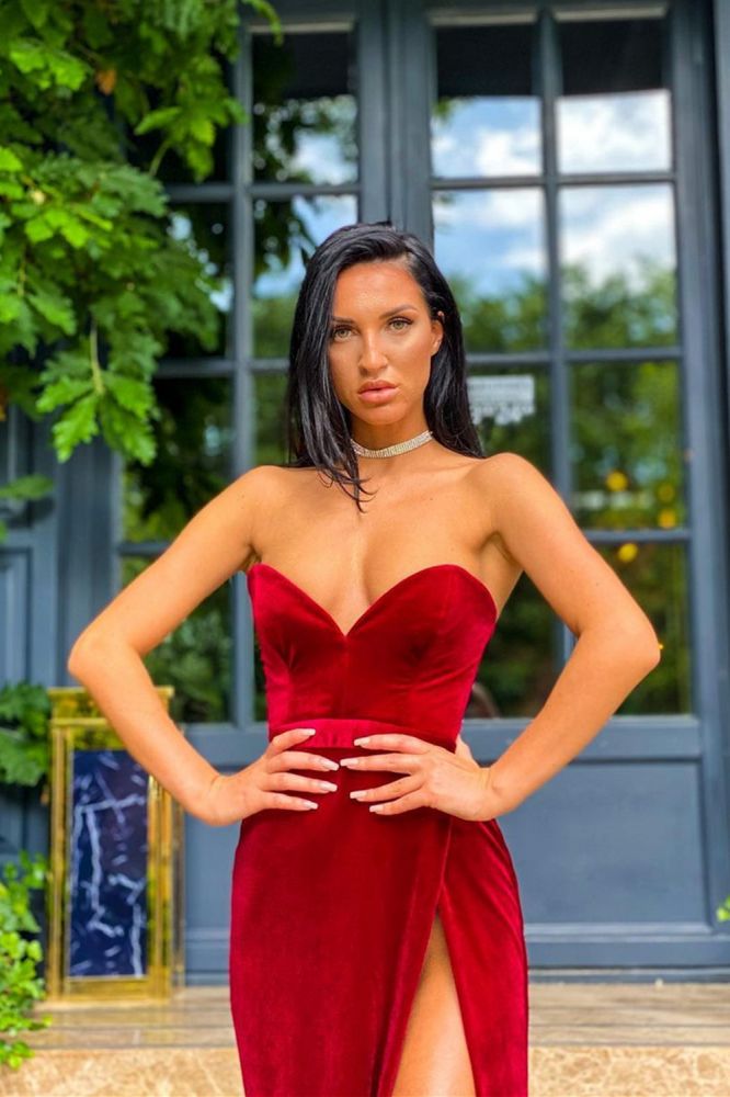 Velvet Sweetheart Front Split Evening Dress Sleeveless Prom Party Gowns-showprettydress