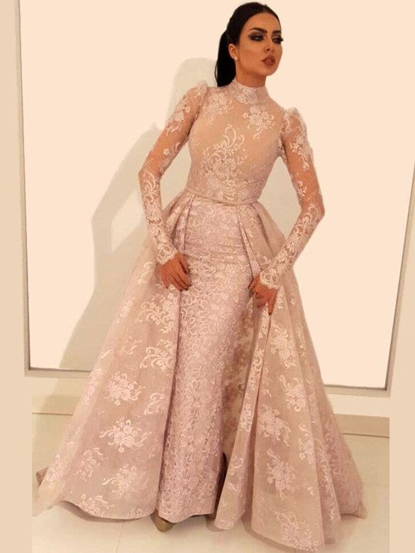 Vintage A-Line Lace Prom Dresses High Neck Long Sleevess Detachable Skirt Evening Dresses-showprettydress