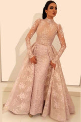 Vintage A-Line Lace Prom Dresses High Neck Long Sleevess Detachable Skirt Evening Dresses-showprettydress