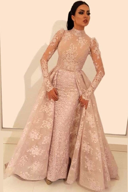 Vintage A-Line Lace Prom Dresses High Neck Long Sleevess Detachable Skirt Evening Dresses-showprettydress