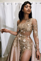 Vintage A-line One Shoulder Lace Appliqued Long Prom Dresses With Over Skirt-showprettydress