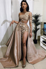 Vintage A-line One Shoulder Lace Appliqued Long Prom Dresses With Over Skirt-showprettydress