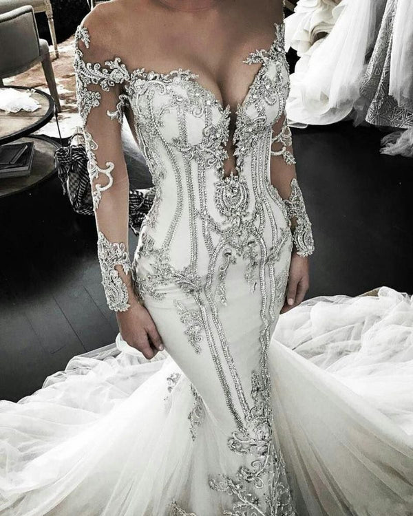 Vintage Appliques Mermaid Wedding Dresses Off the Shoulder Long Sleevess Bridal Gowns-showprettydress