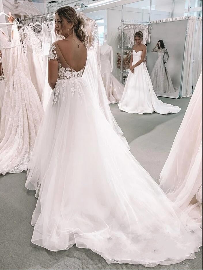 Vintage Long A-Line Bateau Appliques Lace Tulle Wedding Dress with Sleeves-showprettydress