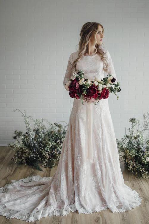 Vintage Long A Line Lace Wedding Dress with Sleeves-showprettydress