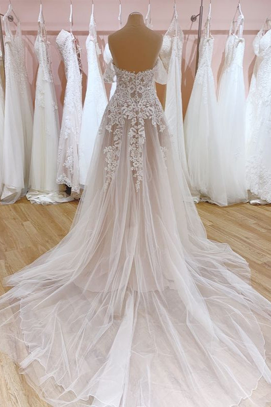 Vintage Long A-Line Off-the-Shoulder Sweetheart Backless Tulle Wedding Dress-showprettydress