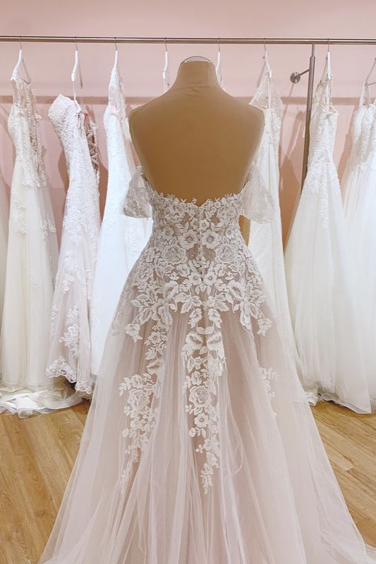Vintage Long A-Line Off-the-Shoulder Sweetheart Backless Tulle Wedding Dress-showprettydress