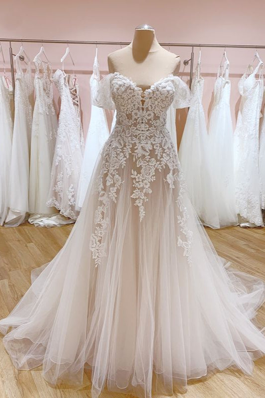 Vintage Long A-Line Off-the-Shoulder Sweetheart Backless Tulle Wedding Dress-showprettydress