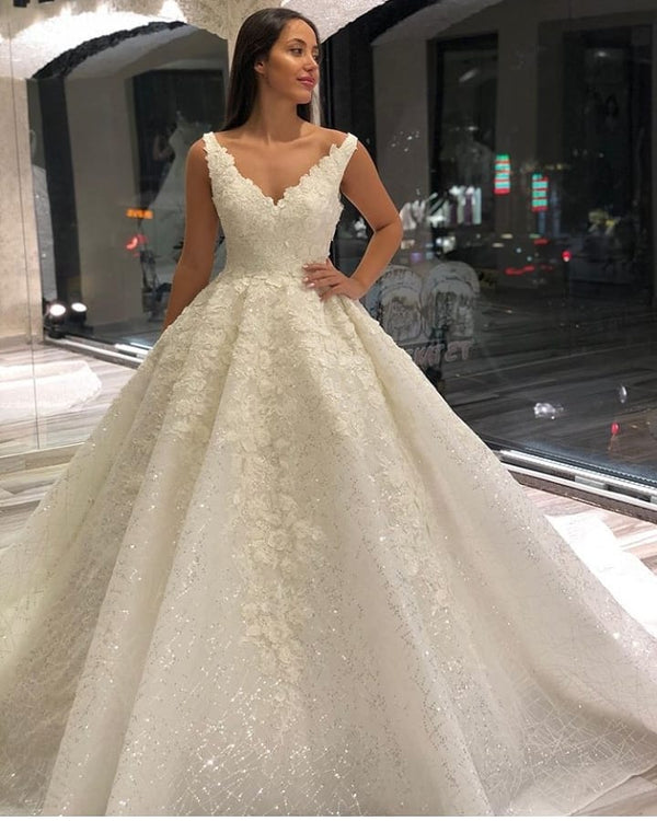 Vintage Long A-Line V-neck Appliques Lace Sequins Wedding Dress-showprettydress