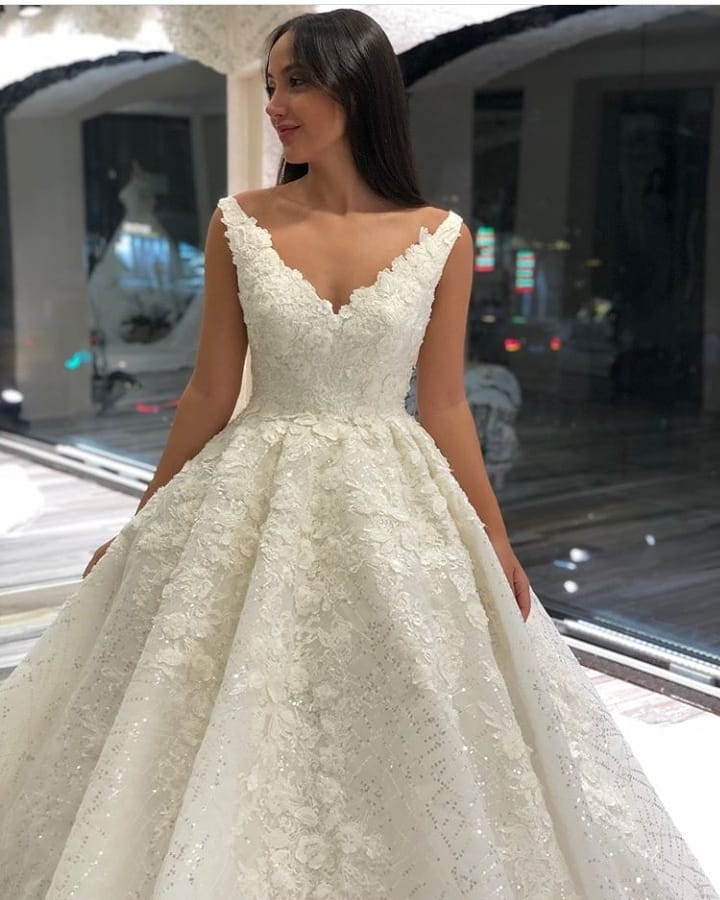 Vintage Long A-Line V-neck Appliques Lace Sequins Wedding Dress-showprettydress