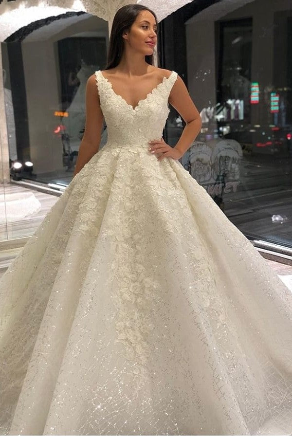 Vintage Long A-Line V-neck Appliques Lace Sequins Wedding Dress-showprettydress