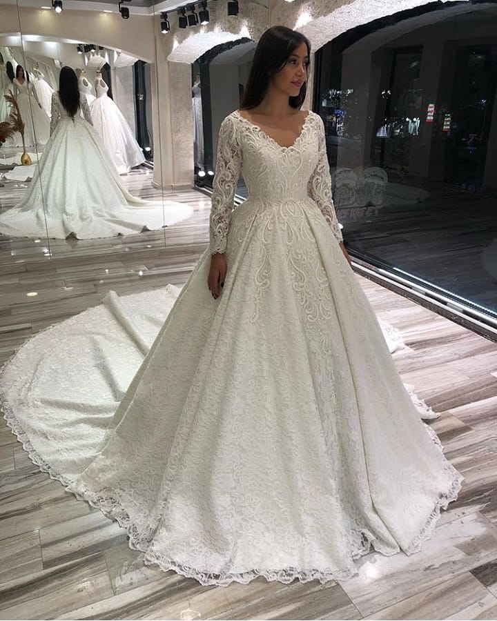 Vintage Long A-line V-neck Appliques Lace Wedding Dress with Sleeves-showprettydress