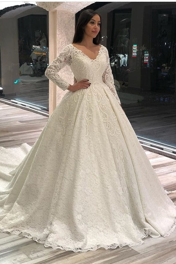 Vintage Long A-line V-neck Appliques Lace Wedding Dress with Sleeves-showprettydress