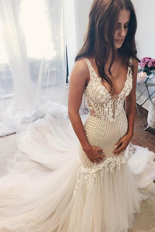Vintage Long Mermaid V Neck Backless Tulle Wedding Dress-showprettydress