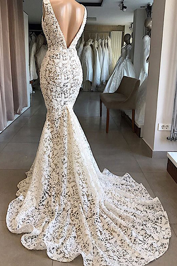 Vintage Long Mermaid V-neck Lace Backless Wedding Dresses-showprettydress
