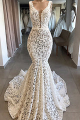 Vintage Long Mermaid V-neck Lace Backless Wedding Dresses-showprettydress