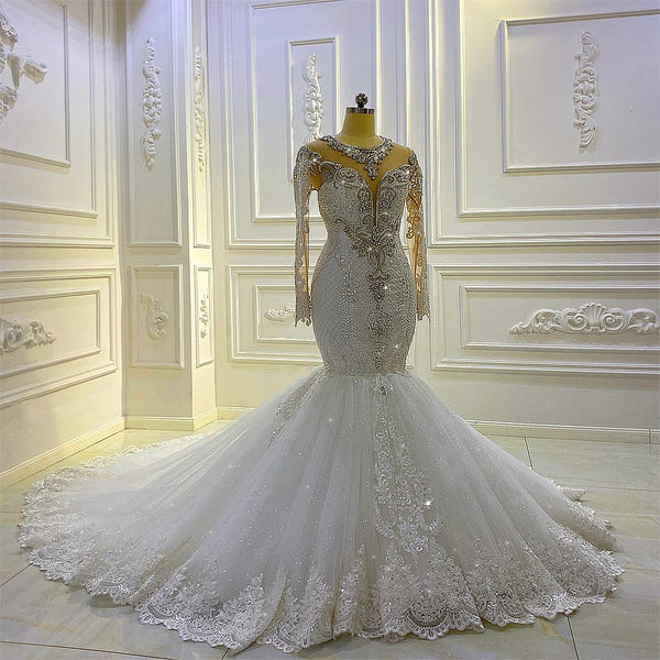 Vintage Long Sleeve Appliques Lace Beading Sequins Mermaid Wedding Dress-showprettydress