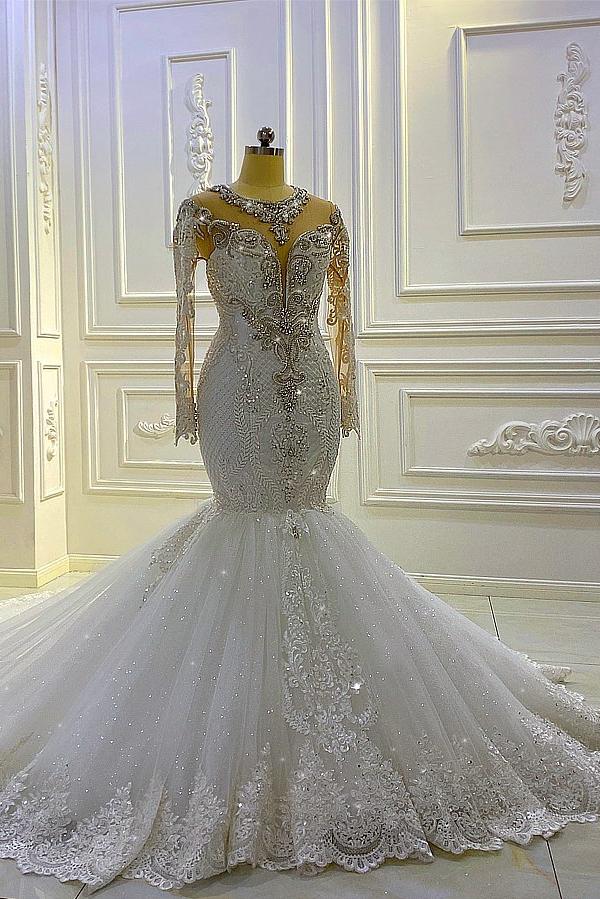 Vintage Long Sleeve Appliques Lace Beading Sequins Mermaid Wedding Dress-showprettydress