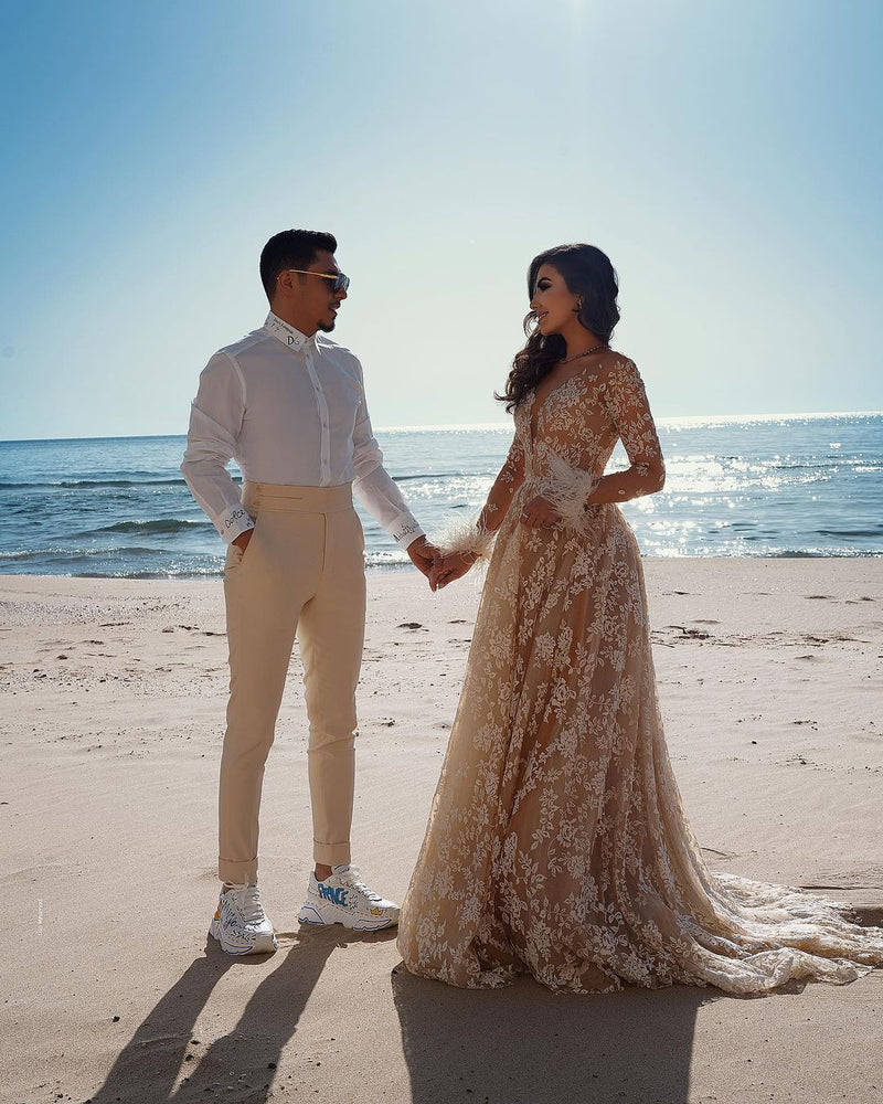 Vintage Long Sleeve Lace Wedding Dress Mermaid Tulle Bridal Gowns-showprettydress