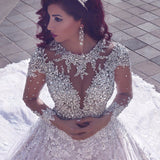 Vintage Luxurious Muslim Crystal Beading Cathedral Train Sheer Lace Wedding Dress-showprettydress