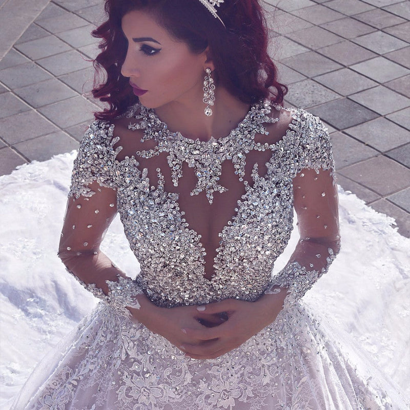 Vintage Luxurious Muslim Crystal Beading Cathedral Train Sheer Lace Wedding Dress-showprettydress