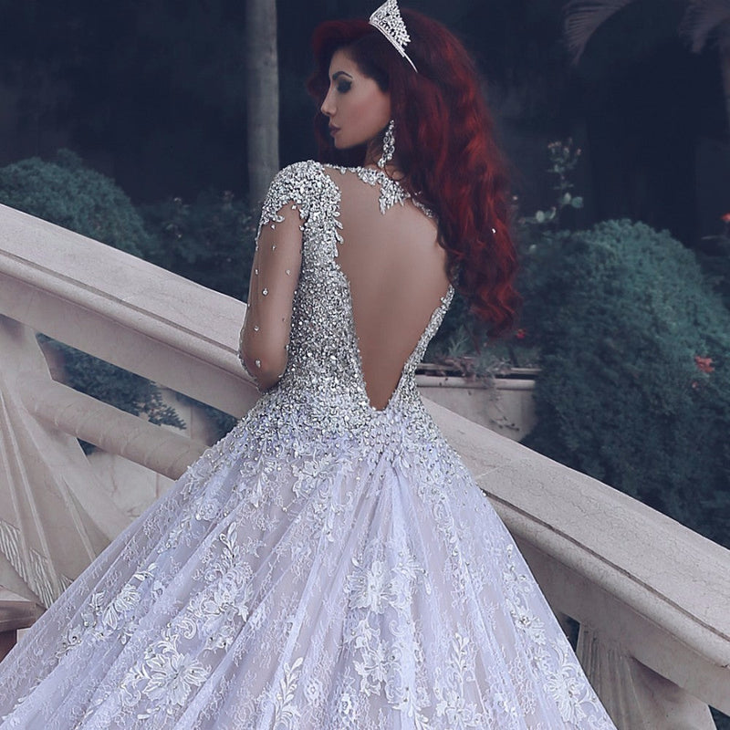 Vintage Luxurious Muslim Crystal Beading Cathedral Train Sheer Lace Wedding Dress-showprettydress