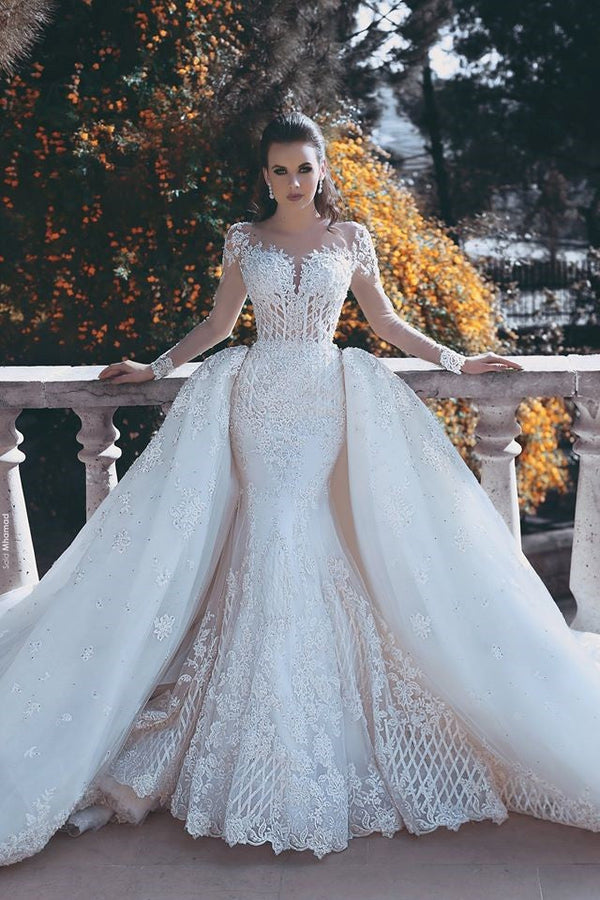Vintage Mermaid Overskirts Long Lace Wedding Dresses-showprettydress